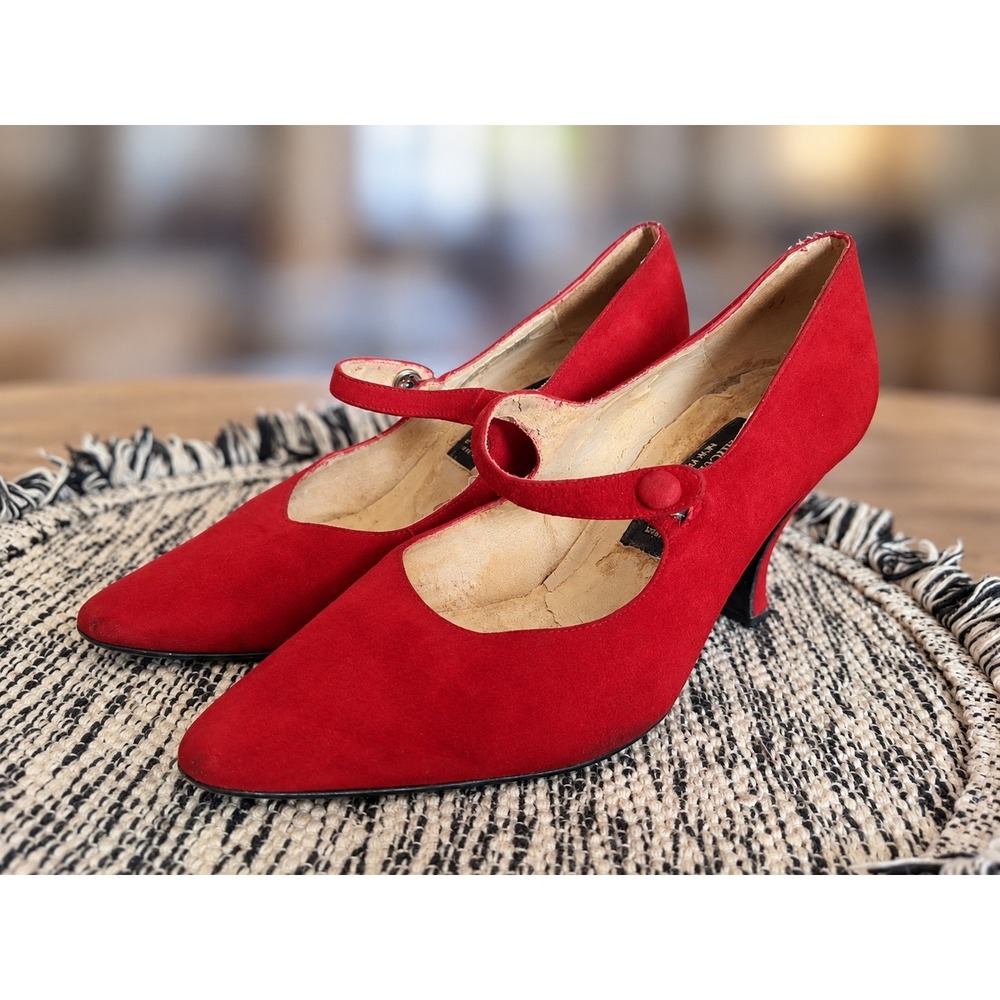 Vintage Kenneth Cole Red Suede Mary Jane Pumps Spool Heel Made in Spain 90s Y2K